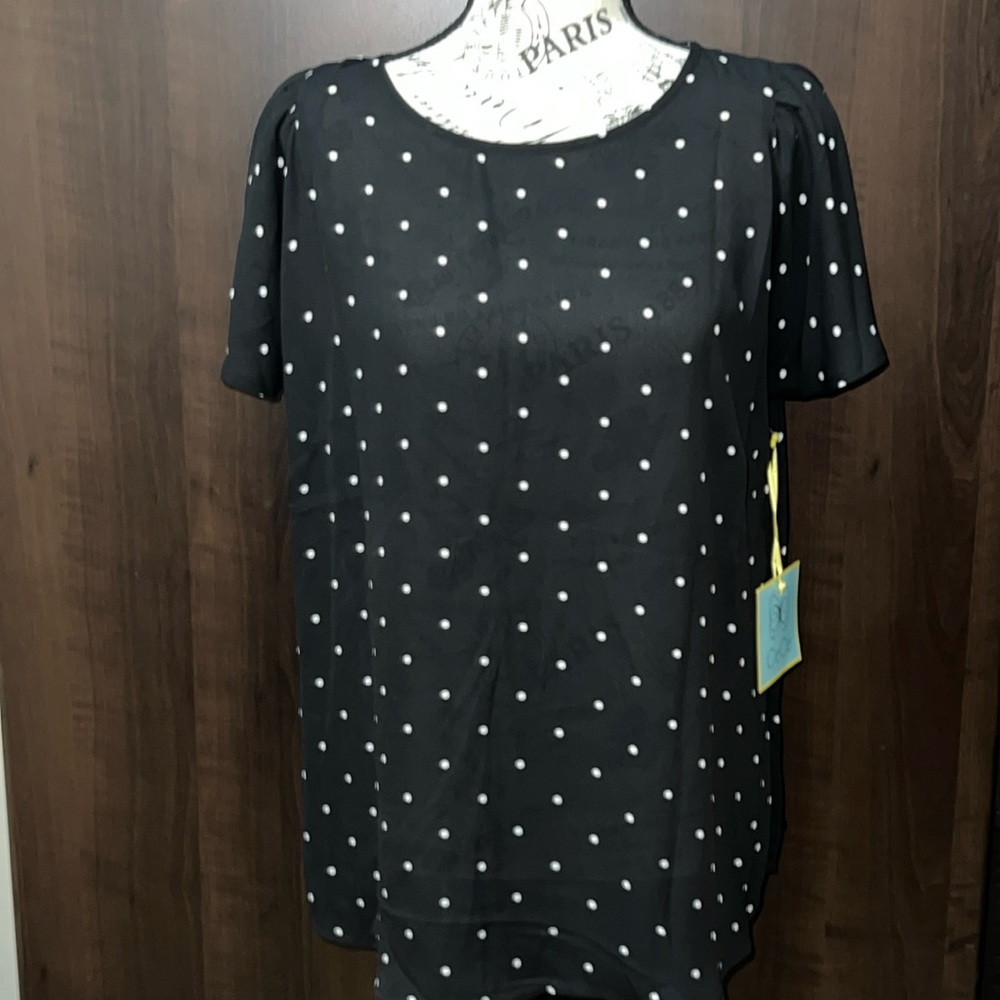 CeCe Sharaden Flutter Sleeve Black and White Polka Dot Blouse, Size: Large